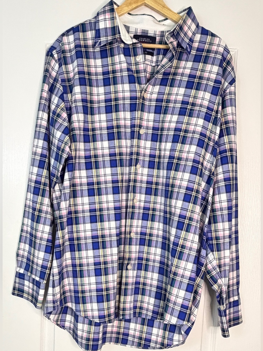 Charles Tyrwhitt Men’s L Classic Fit Blue Plaid Button Down Shirt 100% Cotton